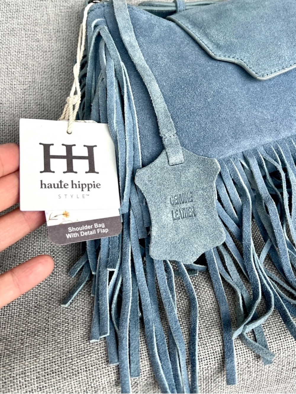 Haute Hippie fringe blue suede shoulder bag
